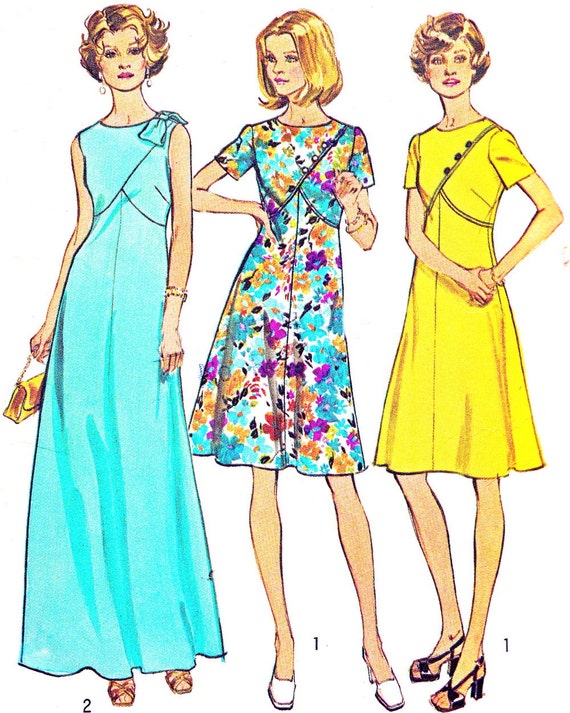 1970s Dress Pattern Simplicity 6395 Mod Day or Evening A Line