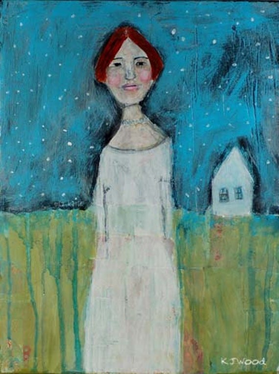 Acrylic Portrait Painting, Sound of the Wind, Woman, white gown, winter, snowstorm