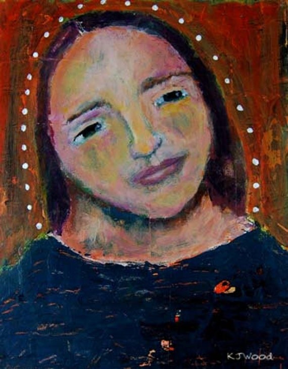 Acrylic Portrait Painting, Halo, Woman, Icon, Orange, Navy Blue, 8x10, Mixed Media, Canvas Panel