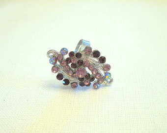 Vintage Rhinestone Ring Amethyst Adjustable Silvertone