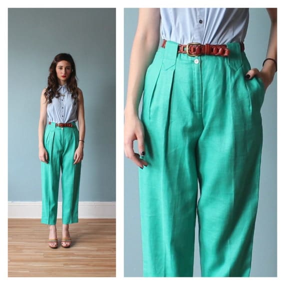 high waist pants / green high waisted trousers / 1980s / xs