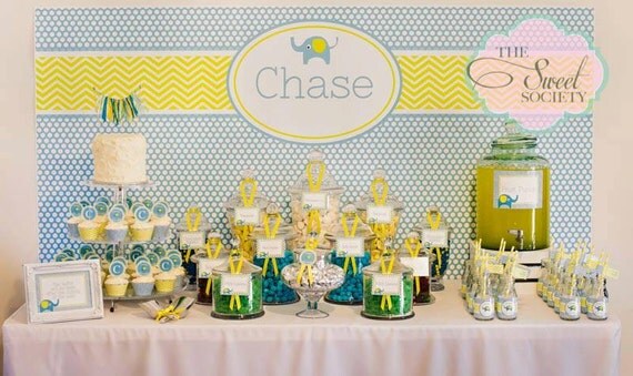 ELEPHANT CHEVRON DOT Printable 72x39 Party Backdrop - you print - Blue and Yellow Il_570xn