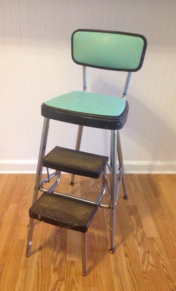 Vintage Mid Century Retro Kitchen Stool Turquoise And Black 3287