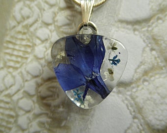 Royal Blue Lobelia and Queen Anne's Lace Pressed Flower Glass Triangle Pendant-Love Is Blue-Symbolizes Loyalty & Peace-Nature's Art