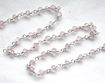 3 feet Rose Quartz Gemstones with Sterling Silver Chain, hand cut faceted stones
