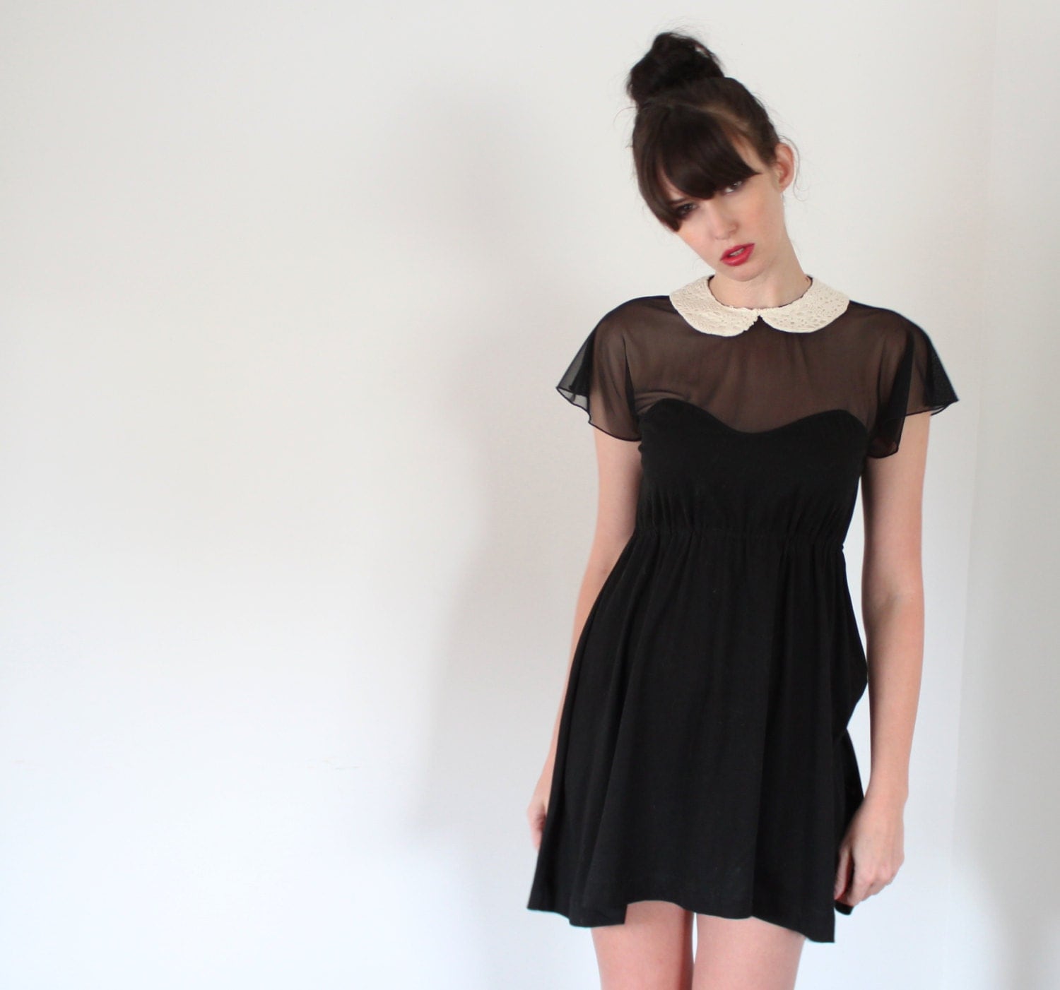 Little black dress empire waist babydoll with sheer mesh and