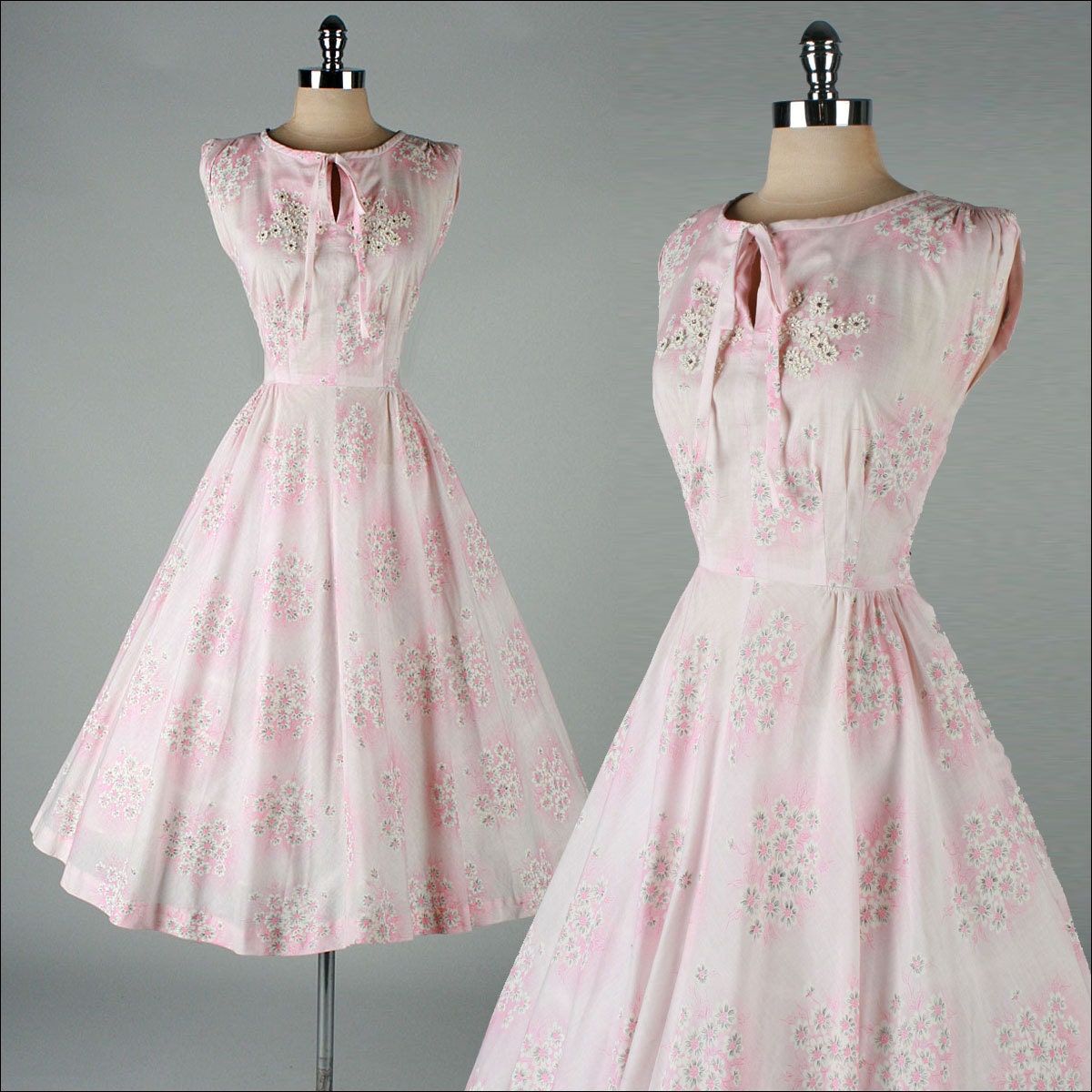 vintage 1950s dress . pale pink cotton . rhinestone macrame