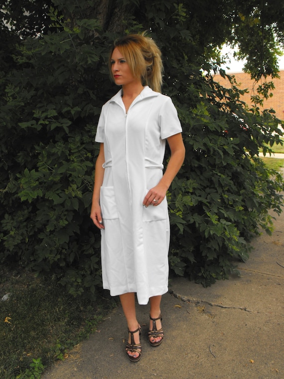 Vintage Nurse Uniform Zip Up Down Dress White 70s M L