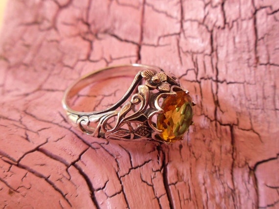 Detailed Handcrafted Ring -:- Antique Inspired - Victorian Edwardian Style - Sterling Silver Flower Motif Citrine