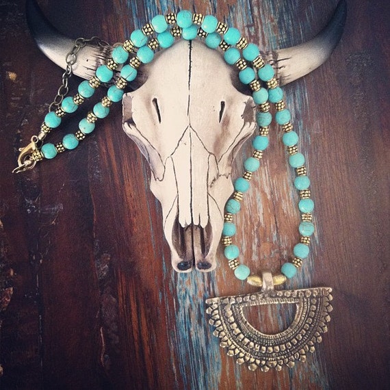Antique Brass Naga Geo shape Turquoise necklace Tribal