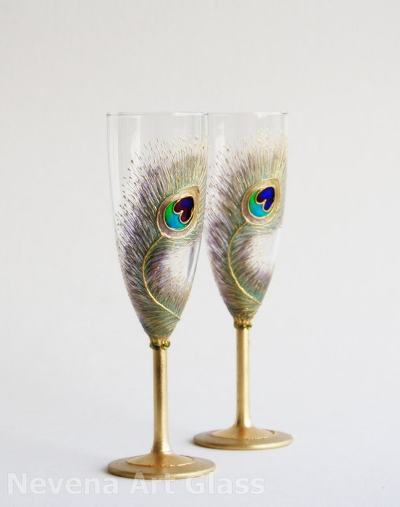 Wedding Champagne Gold Peacock Flutes Hand by NevenaArtGlass