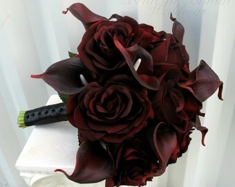Wedding Bouquet real touch majestic red calla lily black baccara rose bridal bouquet