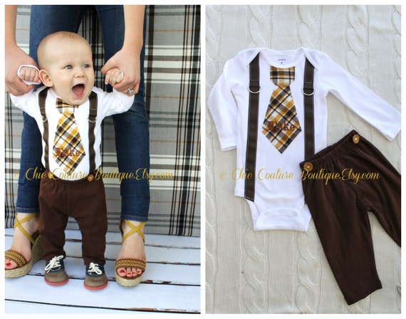 Baby Boy Tie and Suspenders Bodysuit w Personalization & Chocolate Brown Pants w Buttons. Birthday Outfit. Spring Summer Plaid by ChicCoutureBoutique