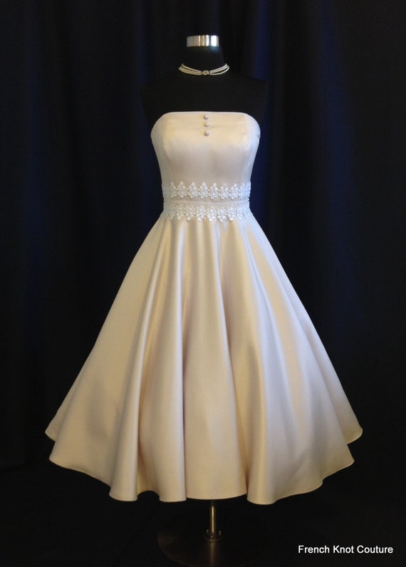 Tea Length Wedding Dress TINY BUBBLES, Satin Strapless