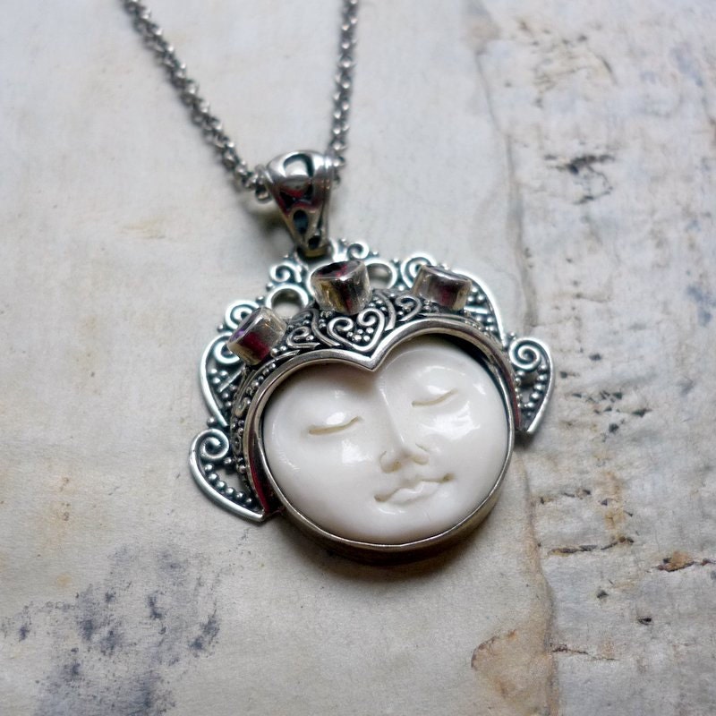 Silver Filigree Pendant Hand Carved Bone Face by