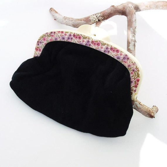Vintage Black Velvet Clutch Small Handbag Evening by WhimzyThyme