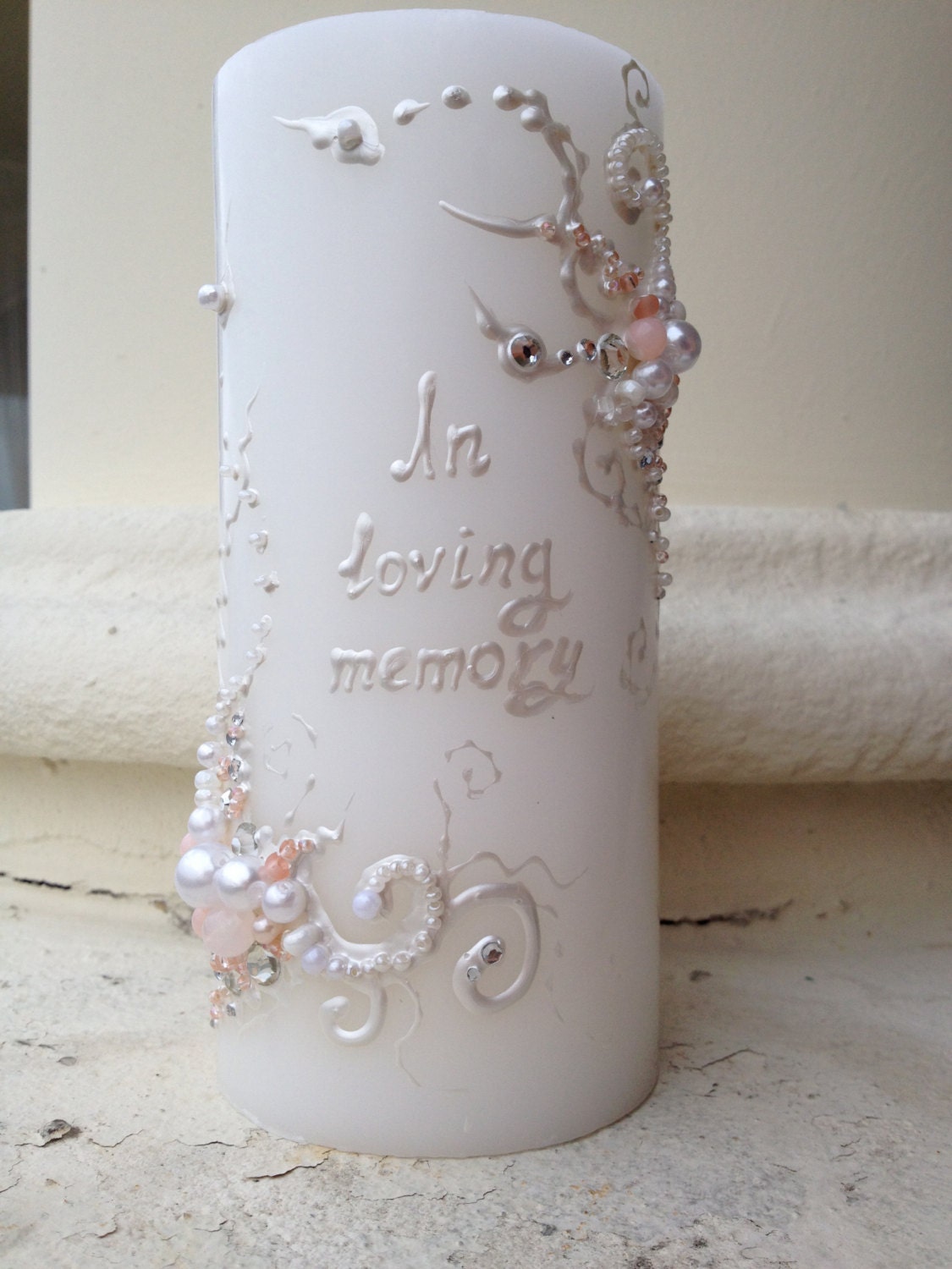 Wedding memorial candle in white and blush pink with crystals
