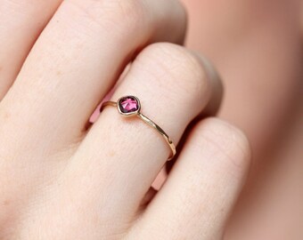 Gold garnet ring, rose cut, rhodolite garnet, stacking ring, january birthstone, Valentines jewelry, gift, thin gold ring, size 9.25 - 13