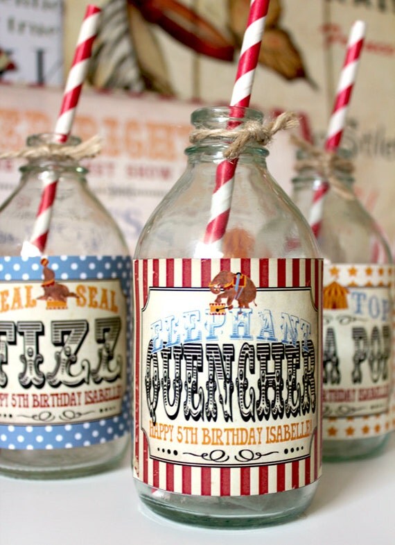 Vintage Circus Drink Bottle Labels - Kids Birthday Party - DIY PRINTABLE FILE by Sassaby Il_570xn