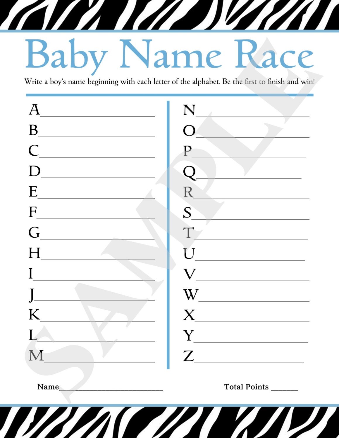Instant Download Printable Baby Name Race Zebra Bridal Baby