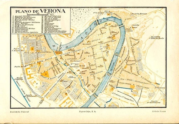 Verona City Map 1920s Vintage Street Plan Italy