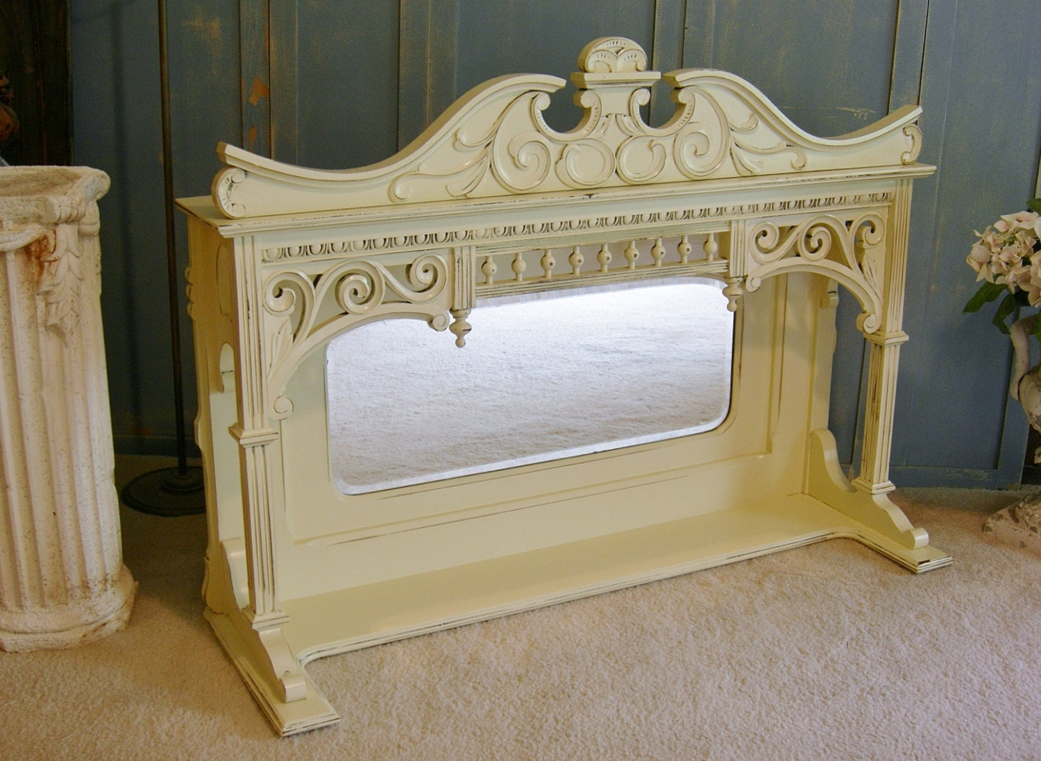 Antique MANTLE MIRROR SHELF Oak Wood Shabby by RedBarnEstates