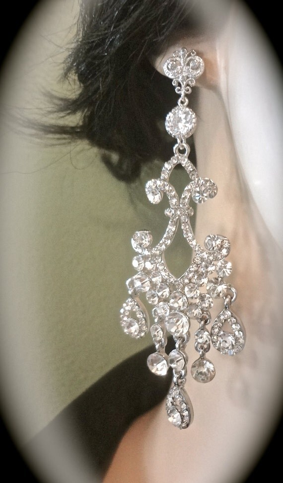 Chandelier earrings 4 Long Rhinestone by QueenMeJewelryLLC