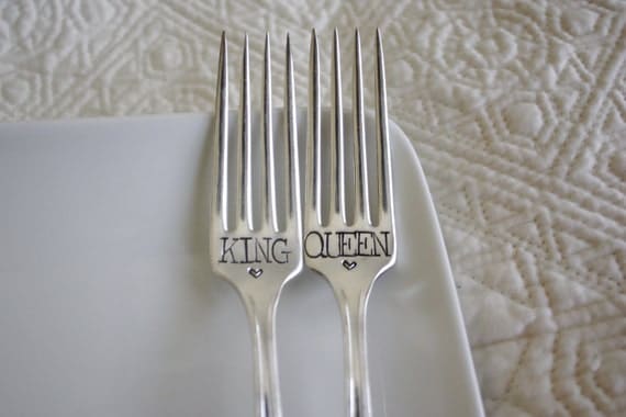 KIng & Queen fork set with hearts - large font - hand stamped - perfect gift for a wedding, anniversary or everyday use