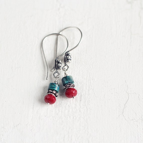 Chrysocolla and Coral Gemstone Earrings. Red and Turquoise Earrings on Sterling Silver
