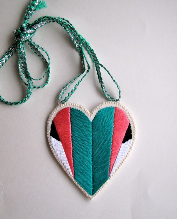 Embroidered heart ornament or wall hanging with note pocket in