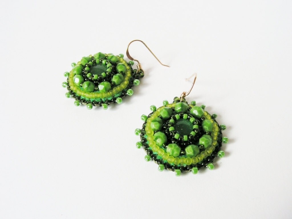 Green Beaded Earrings Bead embroidery Earrings Beadwork