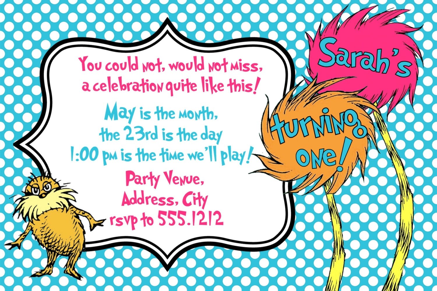 Lorax Birthday Party Invitation: Printable 4x6 or 5x7