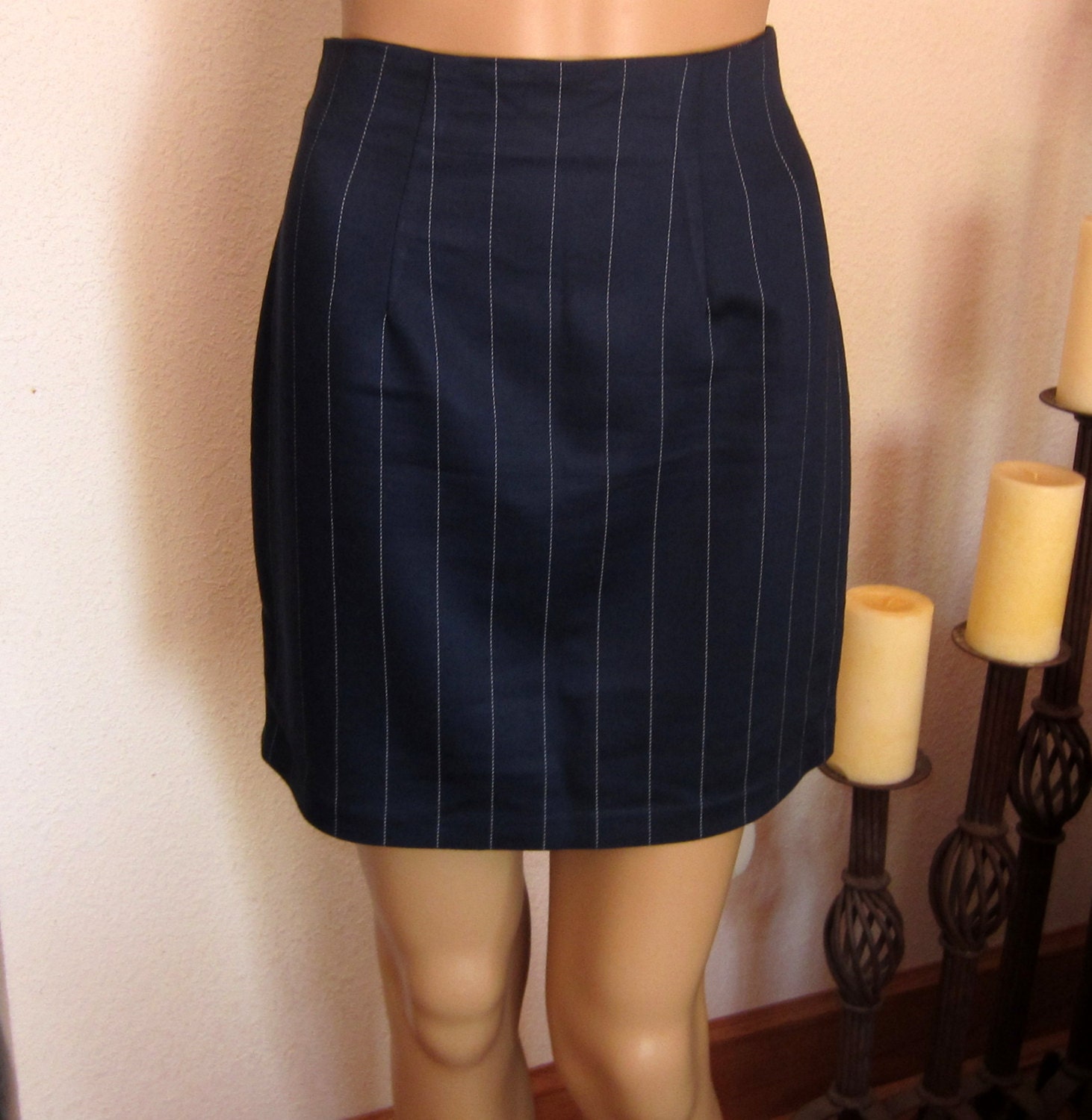 Mini Skirt Navy Blue Pinstripe High Waisted Womens Vintage