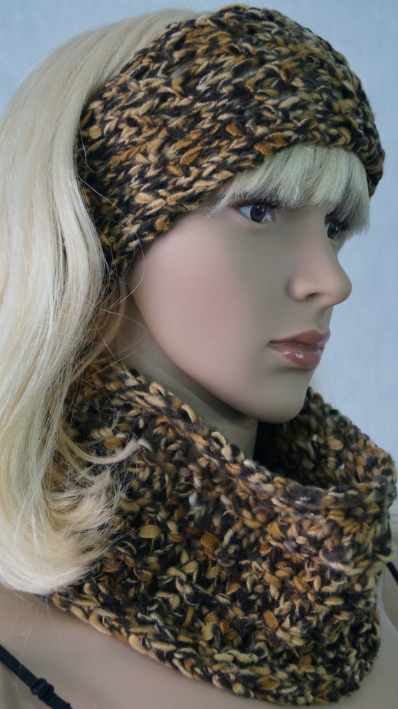 Hand Knit Fleece Leopard Cowl/Headband Set - Free Shipping