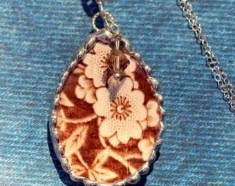 Necklace, Broken China Jewelry, Broken China Necklace, Teardrop China Pendant, Brown Floral Chintz, Sterling Silver Chain