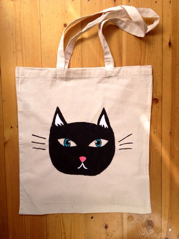 Black Cat Hand Painted Tote Bag by ThriftBoxUK on Etsy
