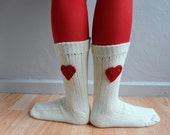 Heart Socks, Wool Socks, Unisex Socks in Cream Red, Christmas Gift, Winter Accessories