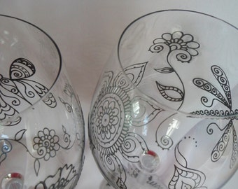 BUTTERFLY & DRAGONFLY wine GLASS (2) One of a kind custom .option to personalize.Symbolize liberation, transformation, new beginnings