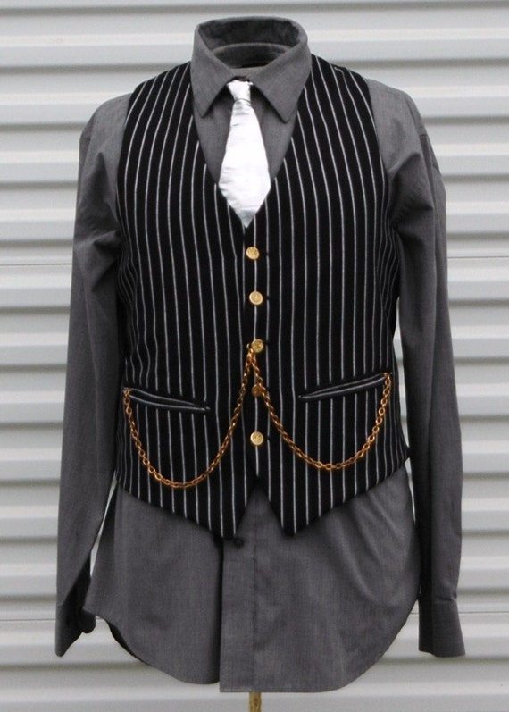 Mens Medium Pinstripe Black White Steampunk Vest by OLearStudios