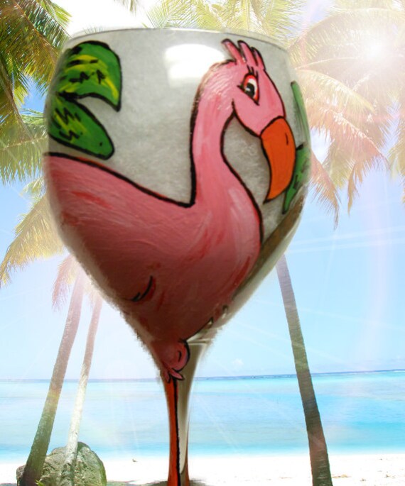Pink Flamingo hand painted wine glass beach by lorrihilldesigns