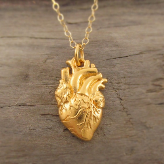 Gold Anatomical Heart Necklace Heart Organ Necklace by TNineDesign