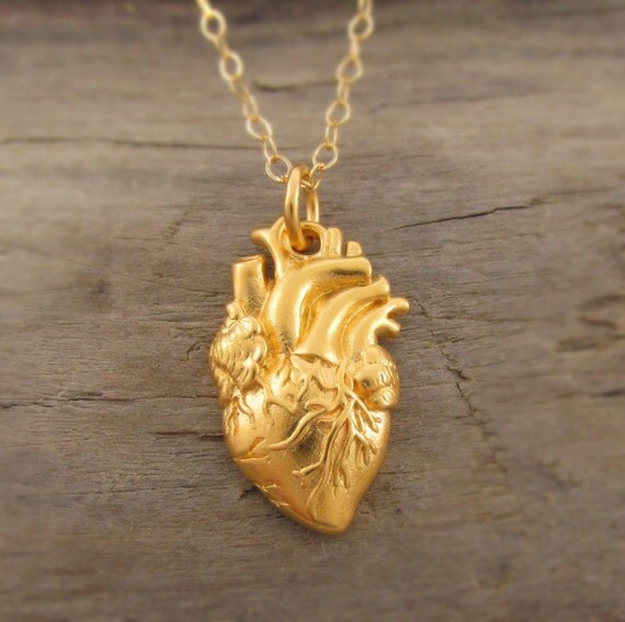 Gold Anatomical Heart Necklace Heart Organ Necklace by TNineDesign
