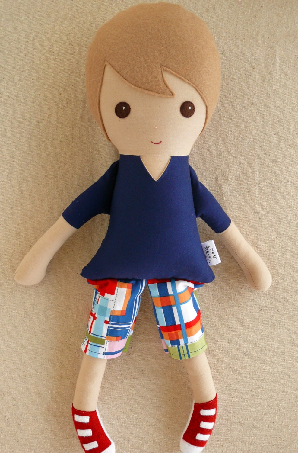 Fabric Doll Rag Doll Light Brown Haired Boy in Plaid Shorts