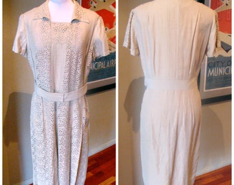 Vintage 1950s Dress with Eyelet Panels - L