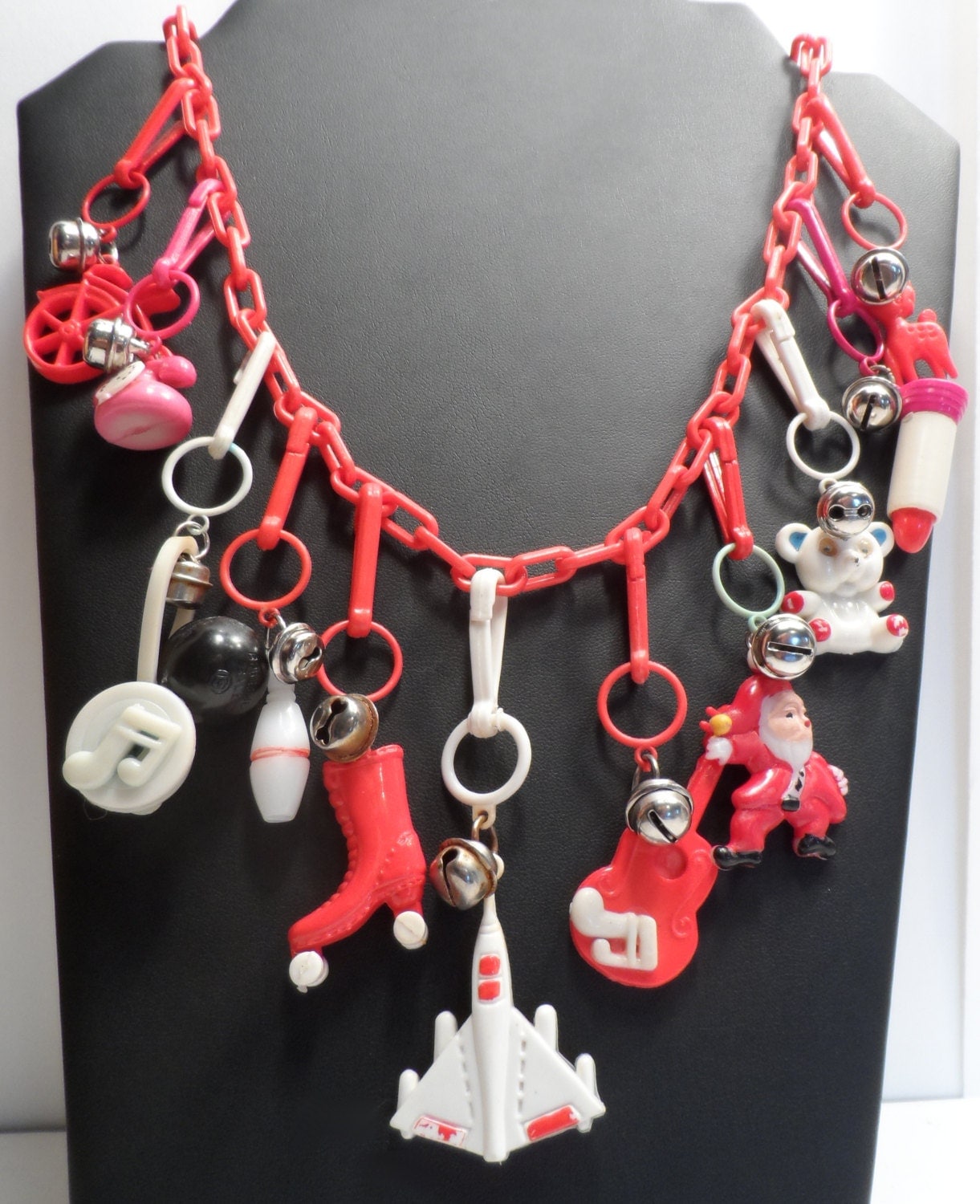 80s Red Plastic Chain Clip Charms with Bells Necklace