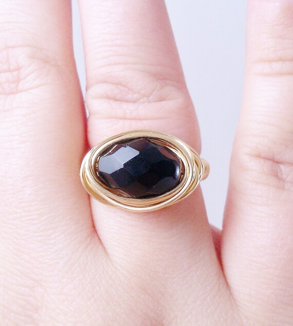 Items similar to Black Glass Ring Faceted Bead Black Gold Wire Ring