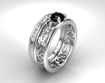 black diamond engagement set filigree ring diamond wedding band black diamond ring - Black Wedding Ring Set black diamond engagement set filigree ring diamond wedding band black diamond ring - Black Wedding Ring Set