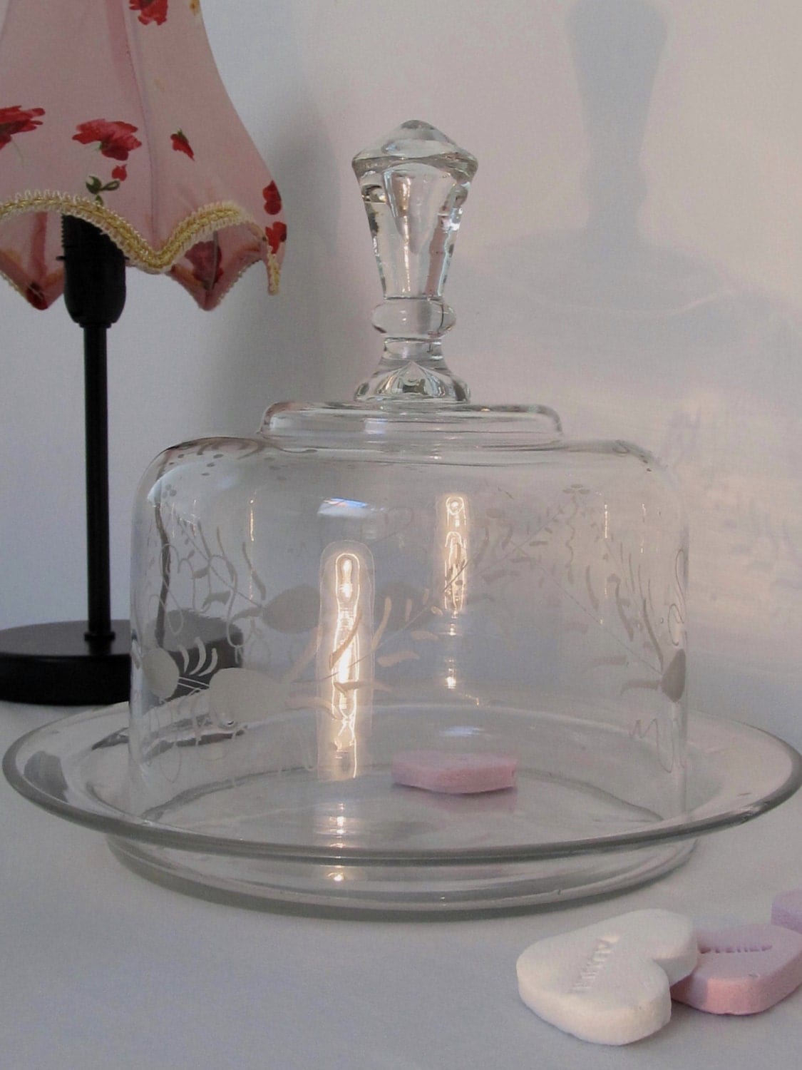 Vintage Etched Glass Cake stand with Dome lid