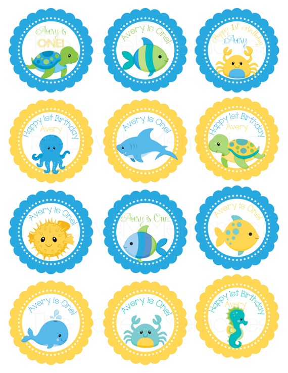 Blue Under the Sea Birthday- Personalized Printable Cupcake Toppers /Gift Favor Tags Il_570xn