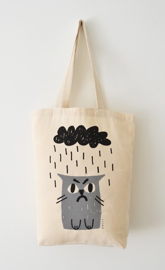 Cat Tote Bag Hand Screen Printed Grumpy Cat Design in Light